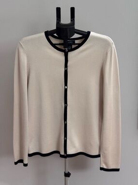 Lauren Ralph Lauren Women Silk Cardigan Cream with Black Trim Size XL